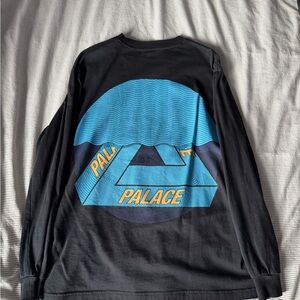 PALACE Black Long-Sleeve Tee with Blue and Yellow Graphic Tri-Curtain Tee Shirt